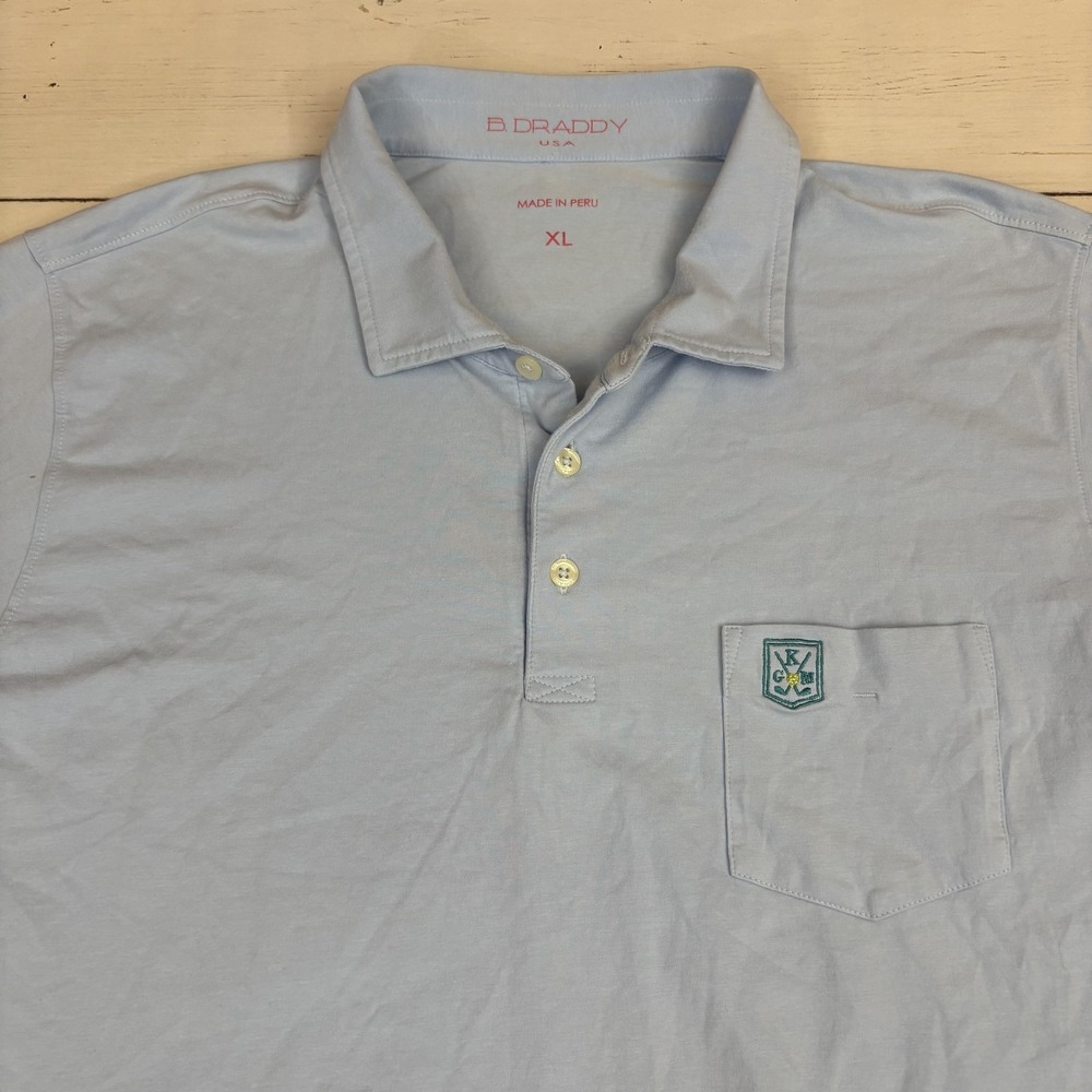 B Draddy Polo Shirt Mens XL Blue Stretch Golf Pocket Logo Short Sleeve